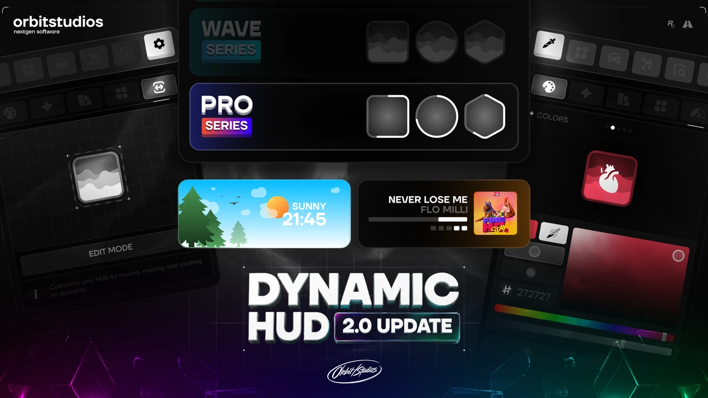 Official Orbit Dynamic HUD 2.0 preview showing its layout editor, status widgets, weather, and music controls