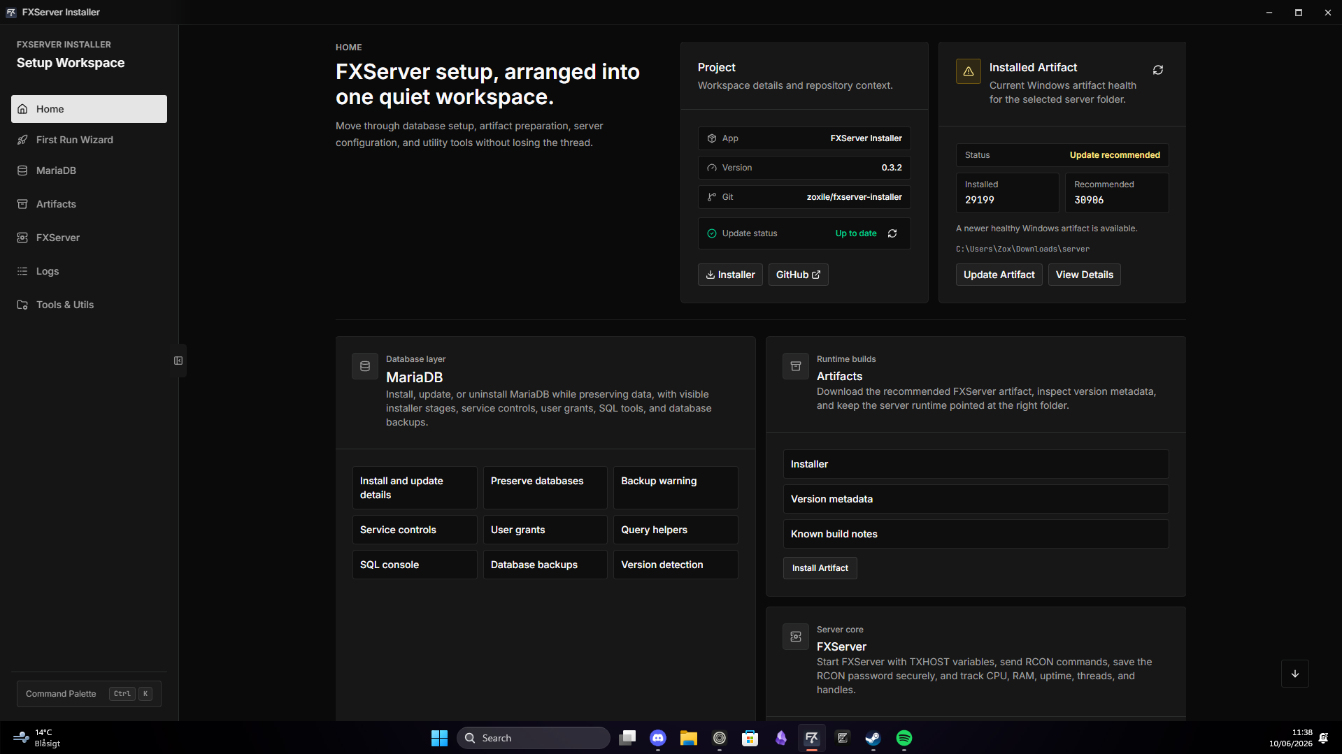 FXServer Installer desktop dashboard